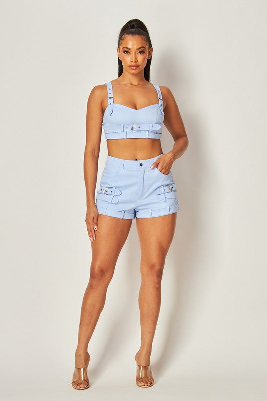 MARINA BUCKLE DETAIL CROP TANL TOP AND SHORT SET