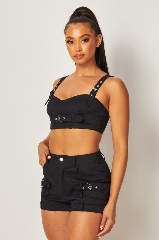 MARINA BUCKLE DETAIL CROP TANL TOP AND SHORT SET