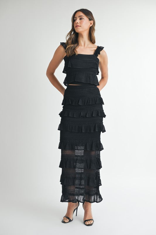 CONTRAST DETAIL RUFFLE KNIT TOP SKIRT SET
