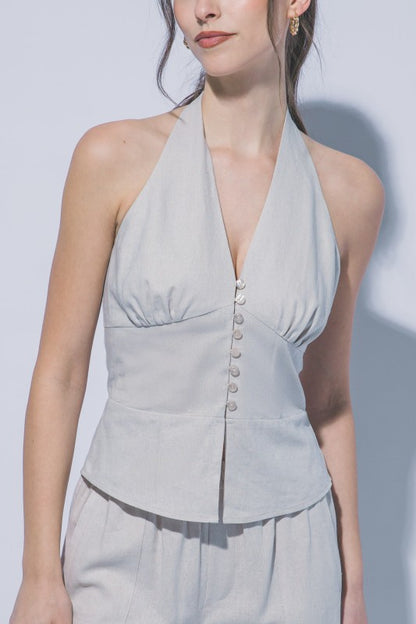 HALTER NECK LINEN TIE FRONT VEST PANTS SET