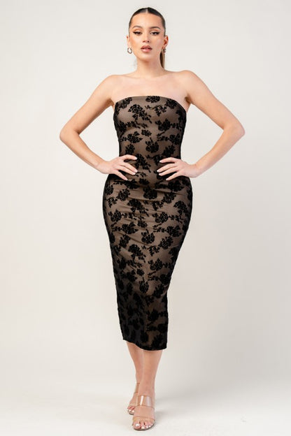 MESH VLEVET FLOCKING MIDI DRESS