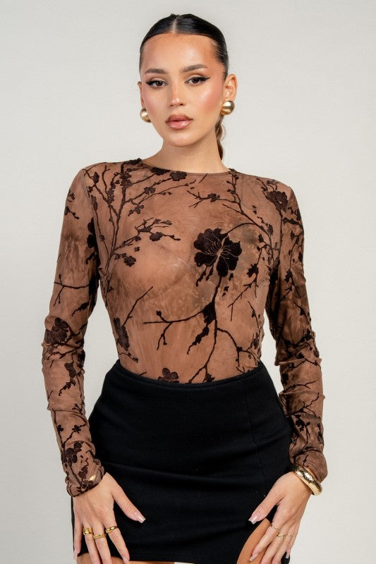 MESH VELVET FLOCKING LONG SLEEVE BODYSUIT