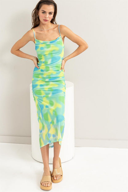 MESH TIE-DYE RUCHED DRESS