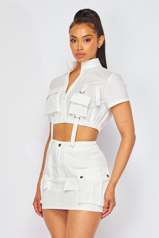 Trophy Wife Nylon Cargo Pocket Top and Skirt Set