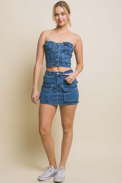 DENIM STRAPLESS BUTTON VEST