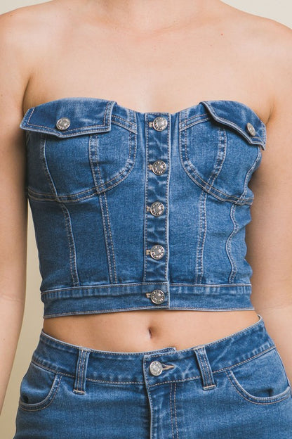 DENIM STRAPLESS BUTTON VEST