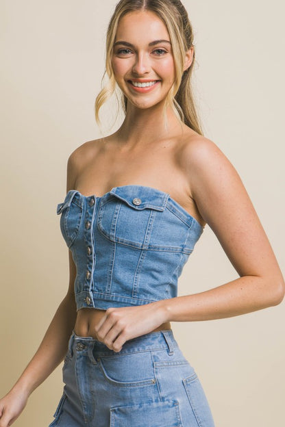 DENIM STRAPLESS BUTTON VEST