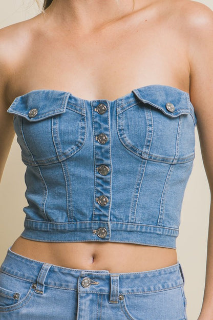 DENIM STRAPLESS BUTTON VEST