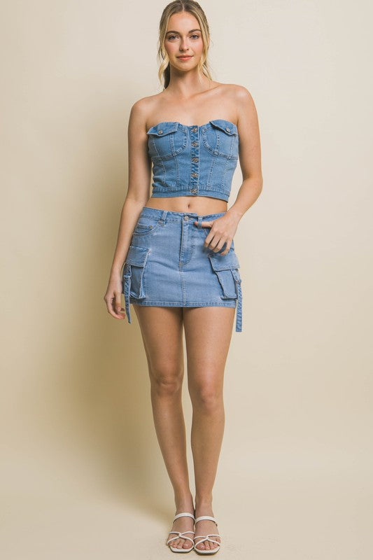 DENIM STRAPLESS BUTTON VEST