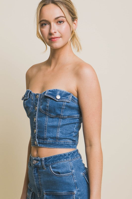 DENIM STRAPLESS BUTTON VEST