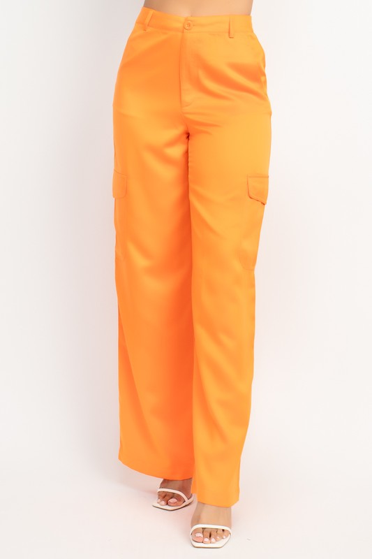 WIDE LEG SATIN-EFFECT CARGO PANTS