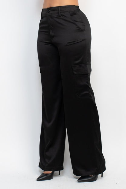 WIDE LEG SATIN-EFFECT CARGO PANTS