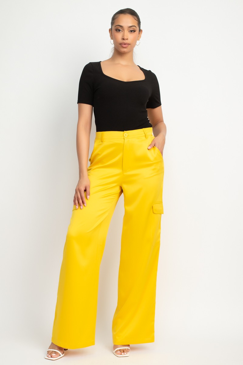 WIDE LEG SATIN-EFFECT CARGO PANTS