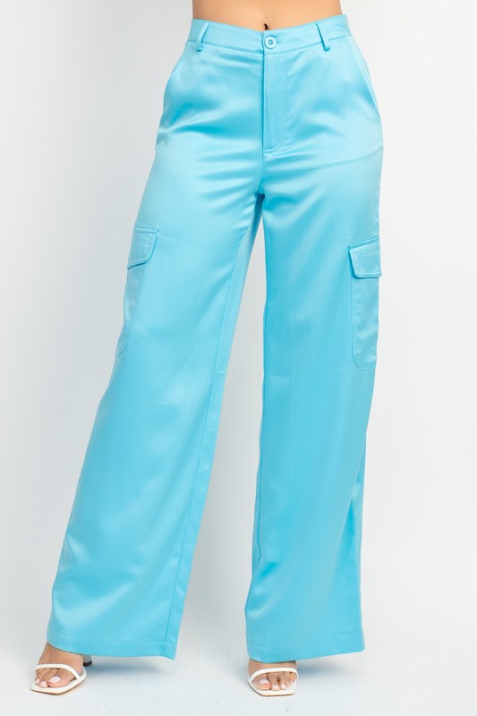 WIDE LEG SATIN-EFFECT CARGO PANTS