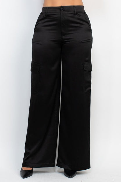 WIDE LEG SATIN-EFFECT CARGO PANTS