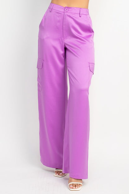 WIDE LEG SATIN-EFFECT CARGO PANTS