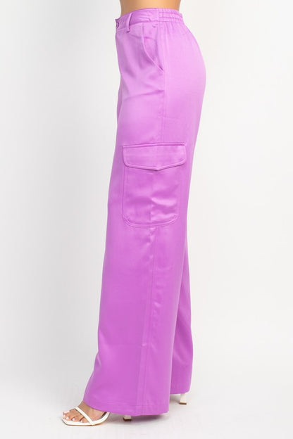 WIDE LEG SATIN-EFFECT CARGO PANTS