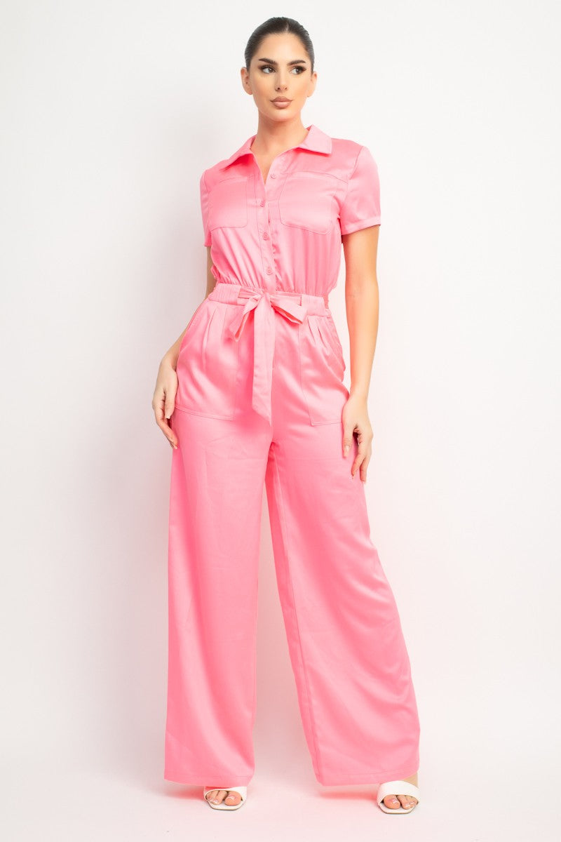 BUTTON SATIN EFFECT JUMPSUIT