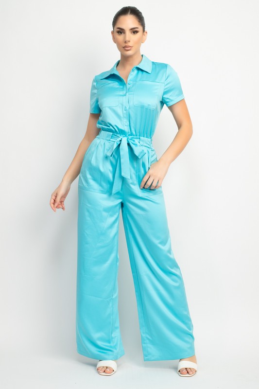 BUTTON SATIN EFFECT JUMPSUIT