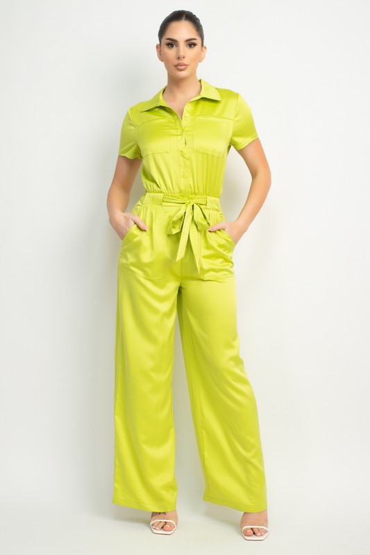 BUTTON SATIN EFFECT JUMPSUIT