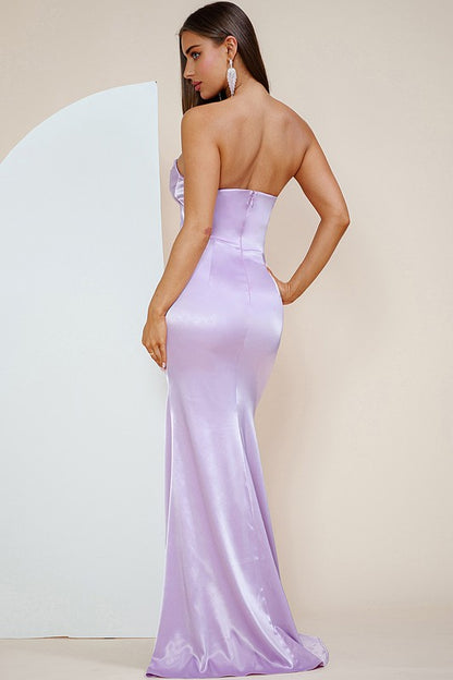 SATIN SHIRRING SLIT MAXI DRESS