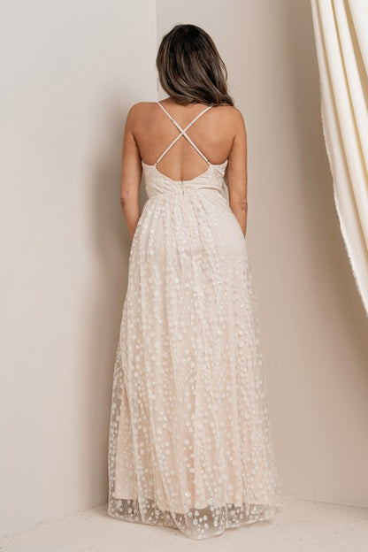 GLITTER EMBROIDERED MAXI WITH CRISS CROSS BACK