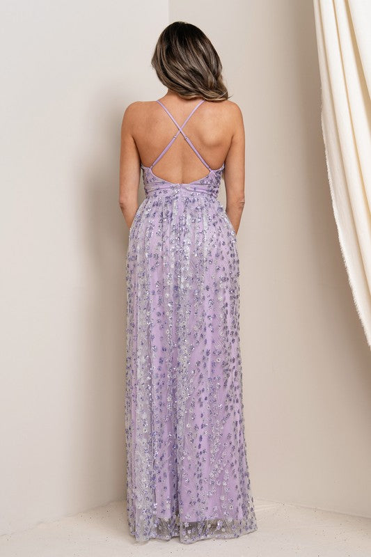 GLITTER EMBROIDERED MAXI WITH CRISS CROSS BACK