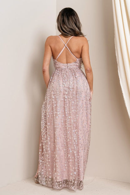 GLITTER EMBROIDERED MAXI WITH CRISS CROSS BACK