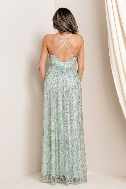 GLITTER EMBROIDERED MAXI WITH CRISS CROSS BACK