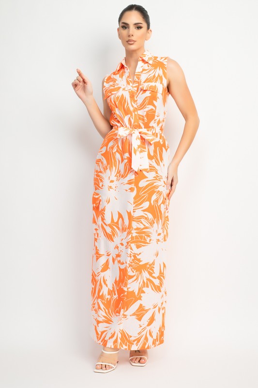 COLLARED TROPICAL BELTED MAXI DRESS