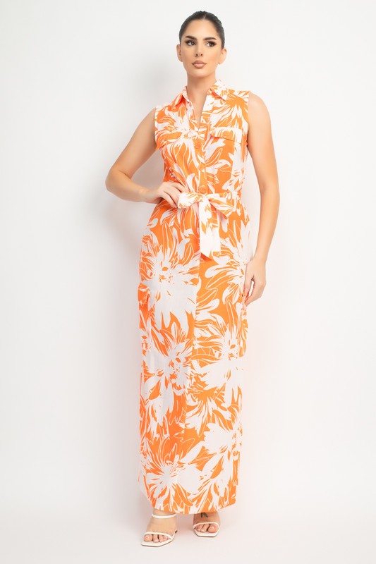 COLLARED TROPICAL BELTED MAXI DRESS