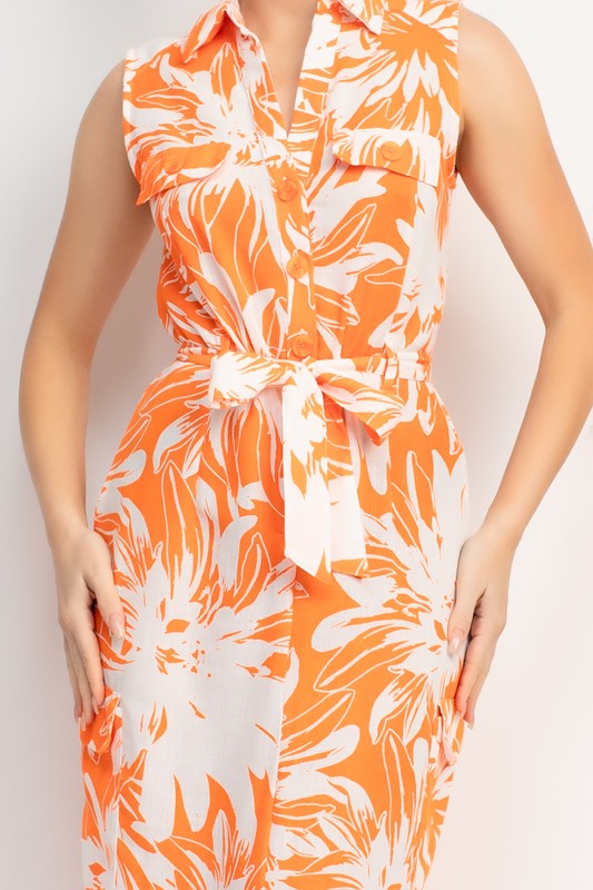 COLLARED TROPICAL BELTED MAXI DRESS