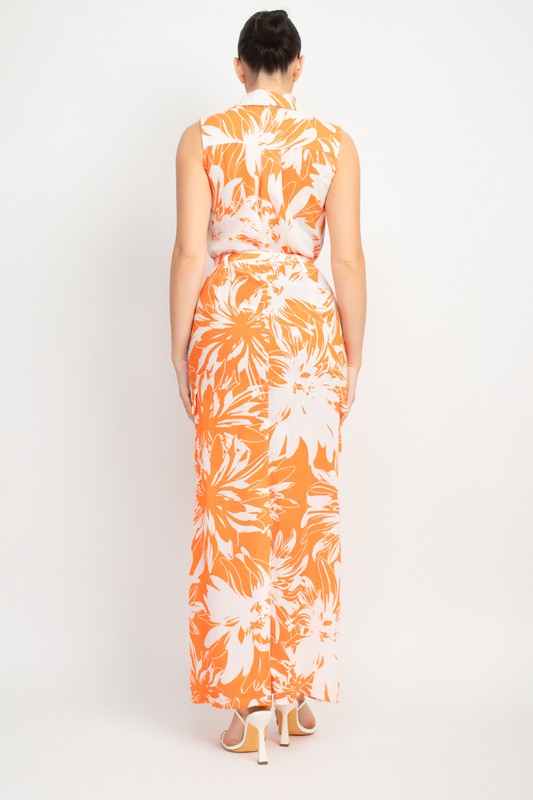 COLLARED TROPICAL BELTED MAXI DRESS