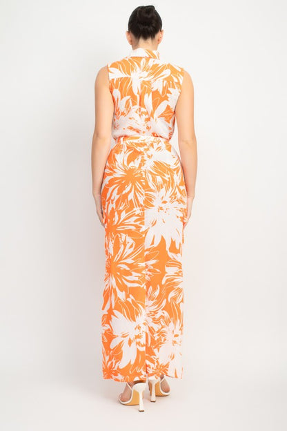 COLLARED TROPICAL BELTED MAXI DRESS