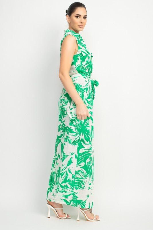 COLLARED TROPICAL BELTED MAXI DRESS