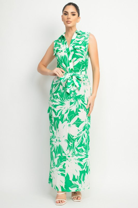 COLLARED TROPICAL BELTED MAXI DRESS