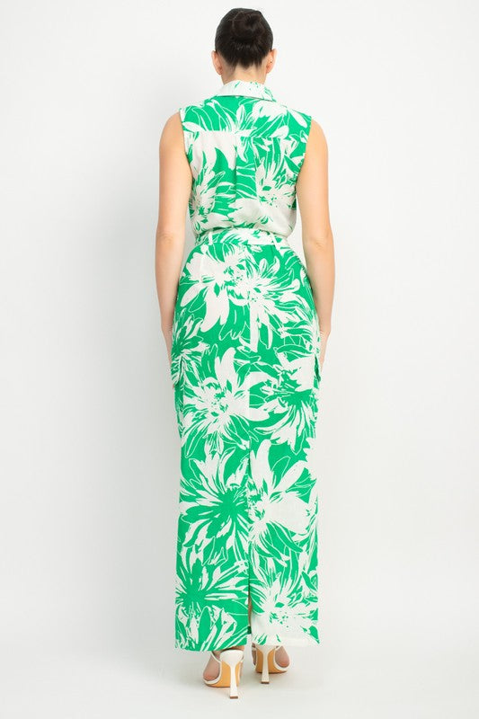 COLLARED TROPICAL BELTED MAXI DRESS