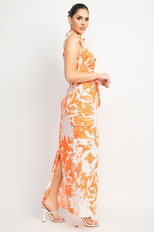 COLLARED TROPICAL BELTED MAXI DRESS