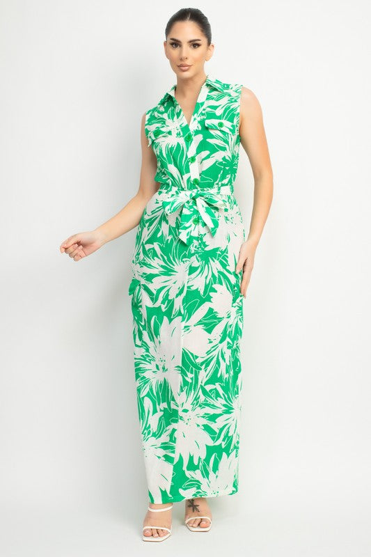 COLLARED TROPICAL BELTED MAXI DRESS