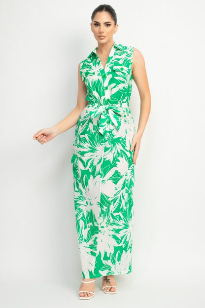 COLLARED TROPICAL BELTED MAXI DRESS