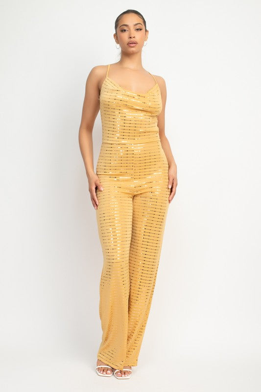 COWL NECK SQUIN SLINKY JUMPSUIT