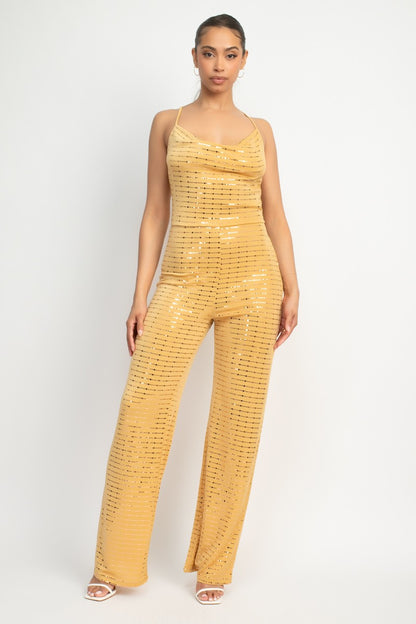 COWL NECK SQUIN SLINKY JUMPSUIT