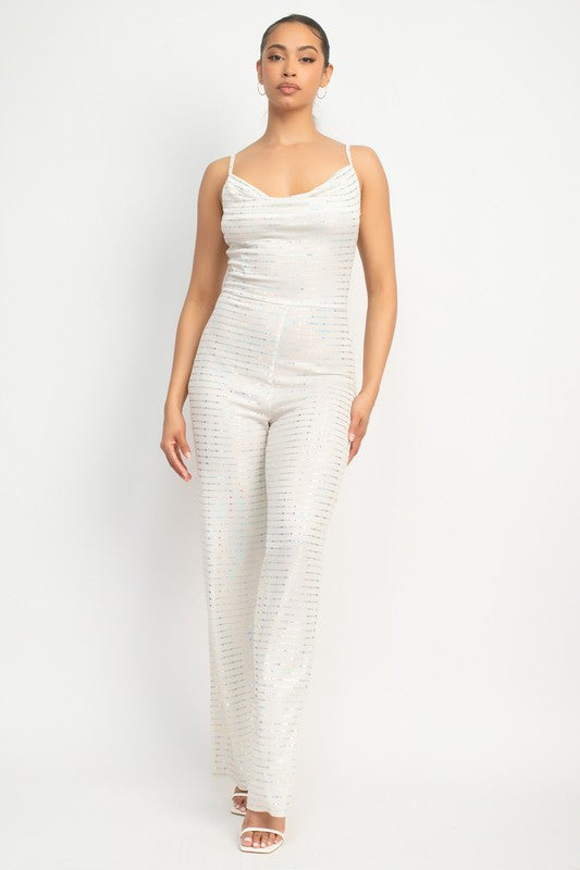 COWL NECK SQUIN SLINKY JUMPSUIT