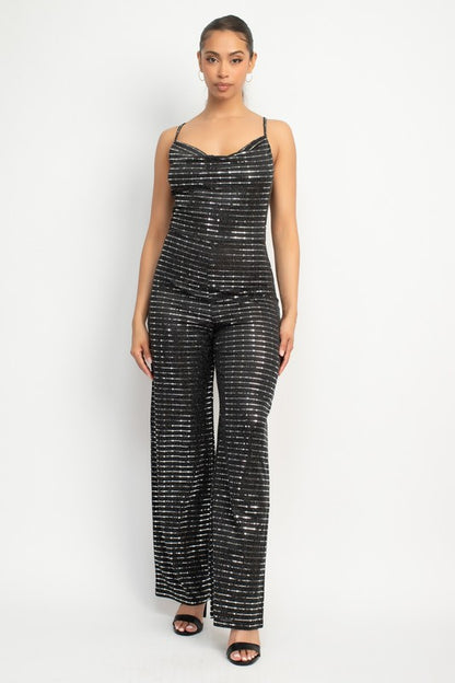 COWL NECK SQUIN SLINKY JUMPSUIT