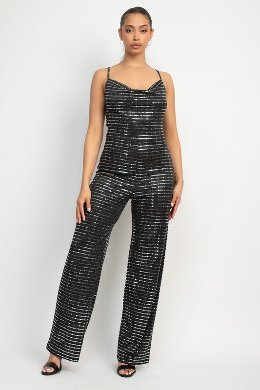 COWL NECK SQUIN SLINKY JUMPSUIT