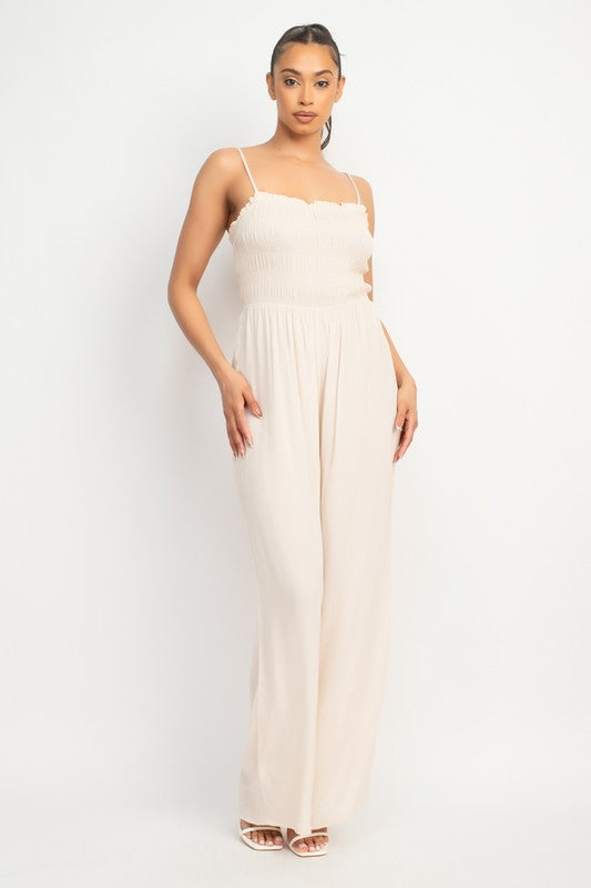 RUFFLE CUT-OUT SMOCKED JUMPSUIT