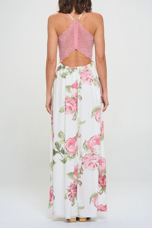 Floral Lace Trim Maxi Dress