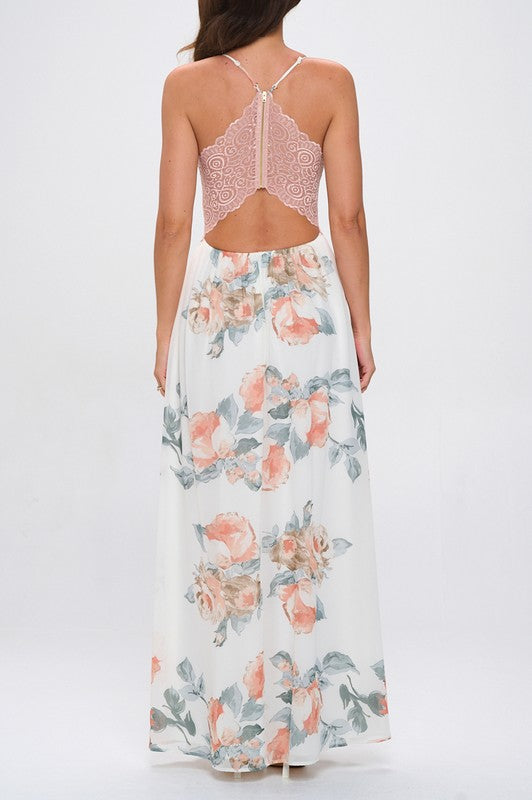 Floral Lace Trim Maxi Dress