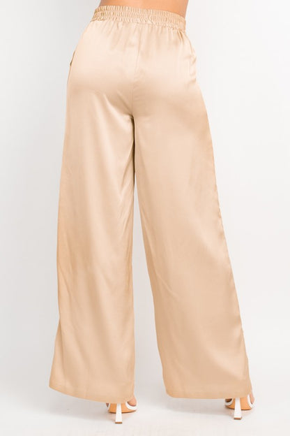 SATIN WIDE LEG SMOCKED PANTS