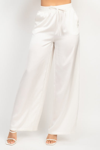 SATIN WIDE LEG SMOCKED PANTS